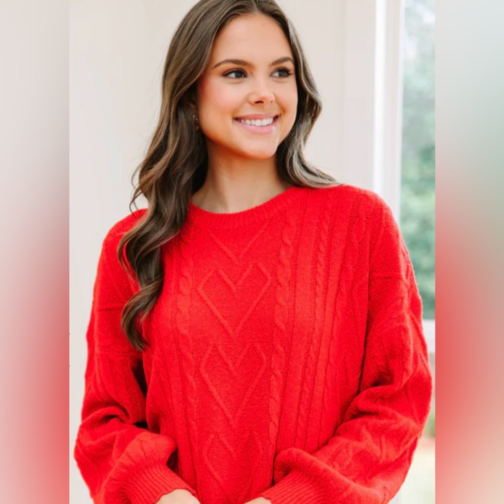 Red Ruffle Cable-Knit Sweater | Crew Neck | S | New | Mint Julep Boutique - Picture 4 of 10
